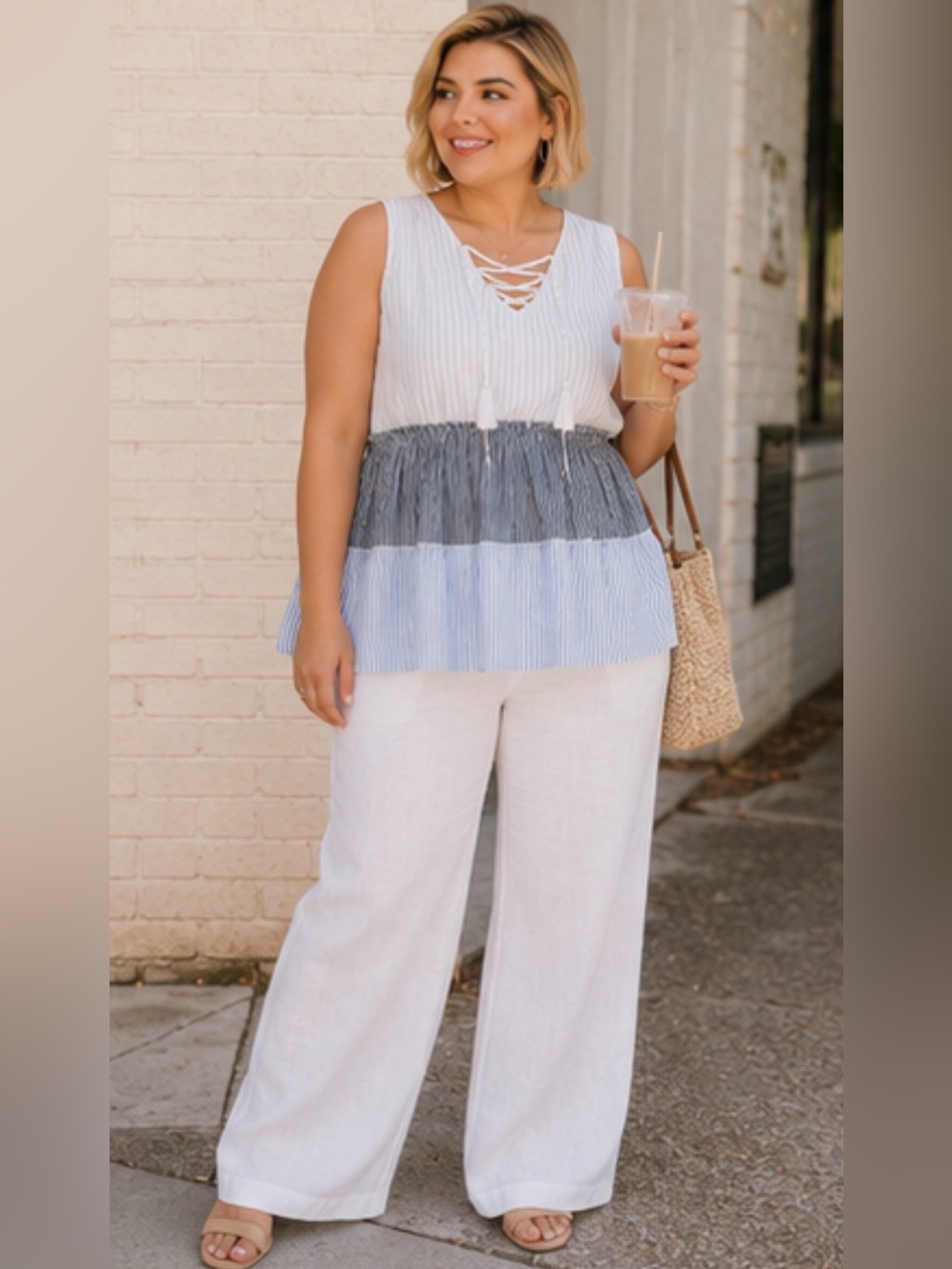 Striped Sleeveless Dress with Crisscross Detail Plus Size 1X